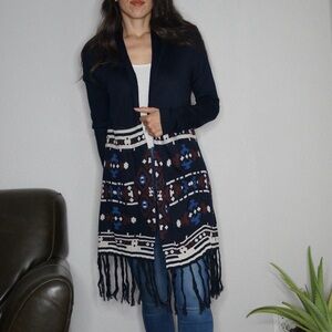 Skies are Blue Navy Blue Long Cardigan Featuring Fringe & Tribal Print Size XS
